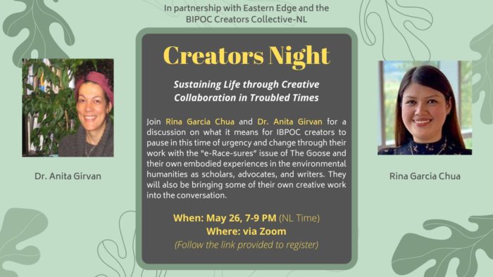 Creators Night with Rina Garcia Chua & Dr Anita Girvan. May 26th, 7pm, on Zoom