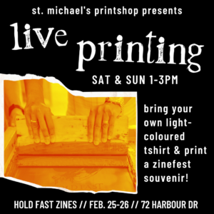 Live Printing: bring your own light-coloured tshirt & print a zinefest souvenir!