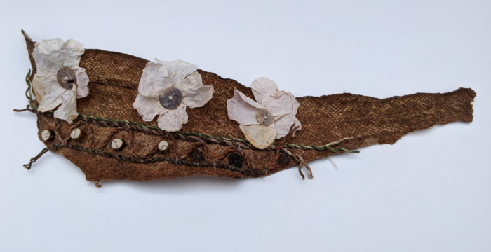 Heritage Roses, willow, crocosmia, oyster shell and oak tanned cod skin. 